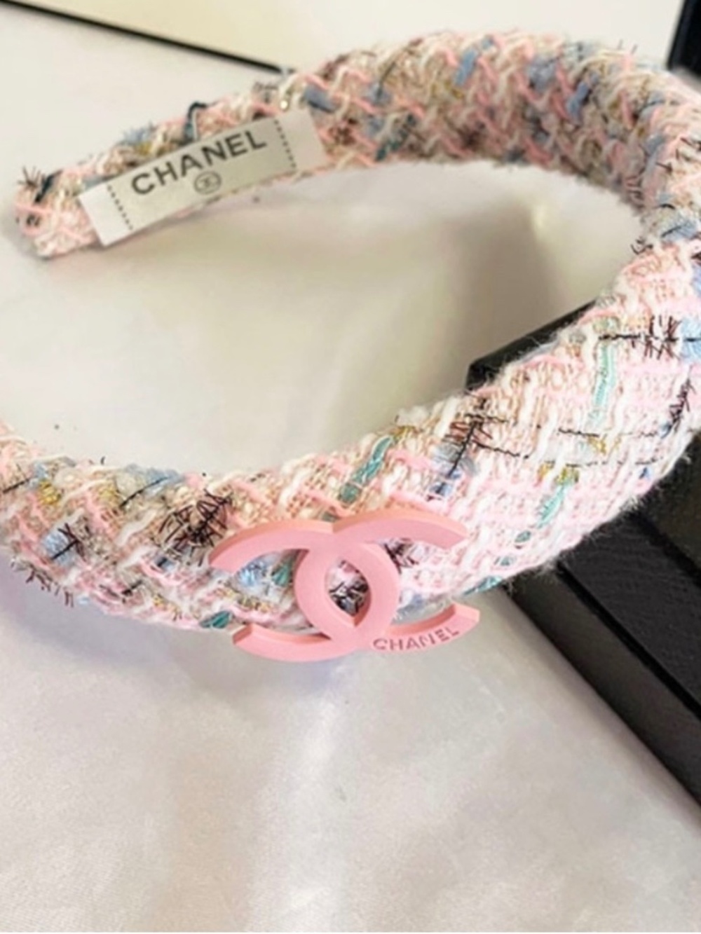 Hand Crafted Pink Tweed Headband with Pink CC Logo
